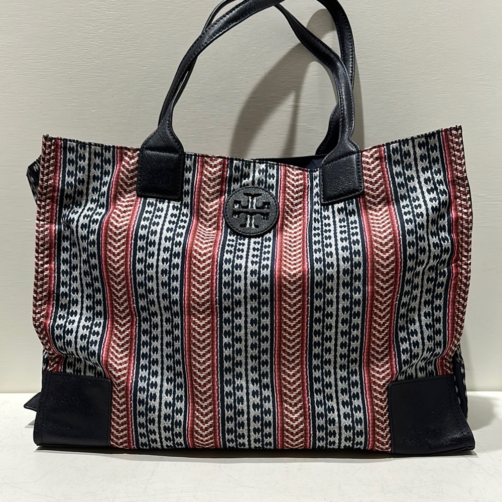 TORY BURCH “Ella” Blue/ Red Vertical Print Packable Nylon Tote